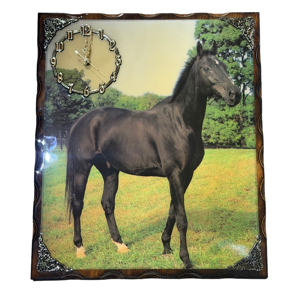 Vintage Lacquered Wood Horse Wall Clock 1970s Epoxy Resin Rustic Western Decor